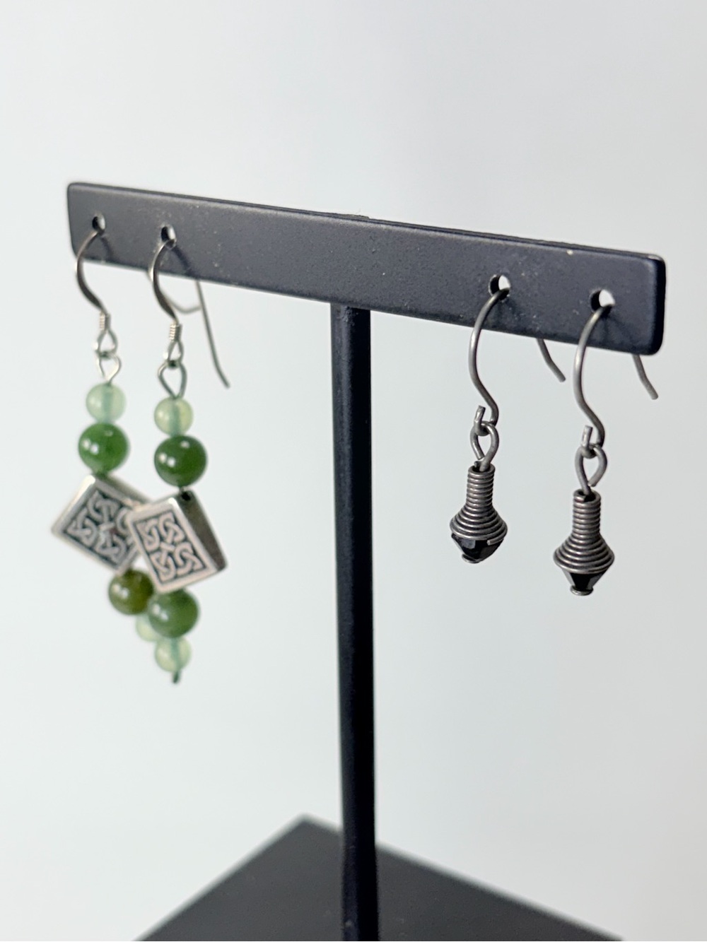 2 Handmade Green Silver Beaded Celtic Square Dangle Earrings